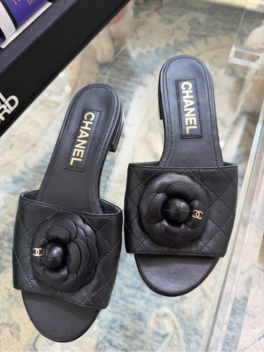 CHANEL Black Quilted Camellia Slide Sandals with Gold CC Accent